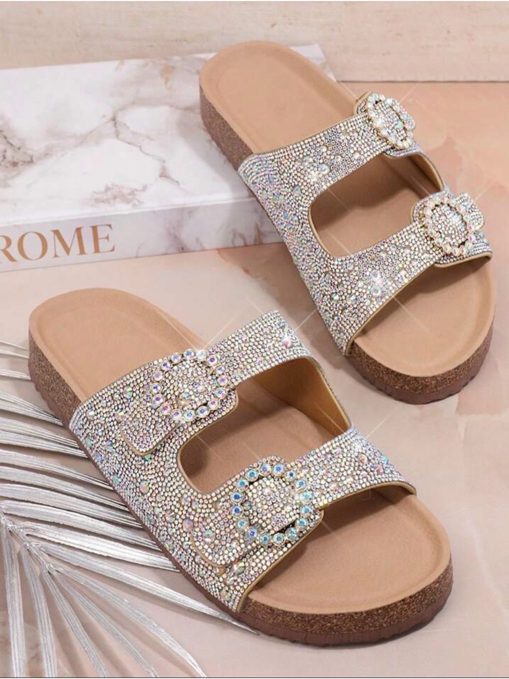 Crystal-Embellished Slide Sandals in Beige